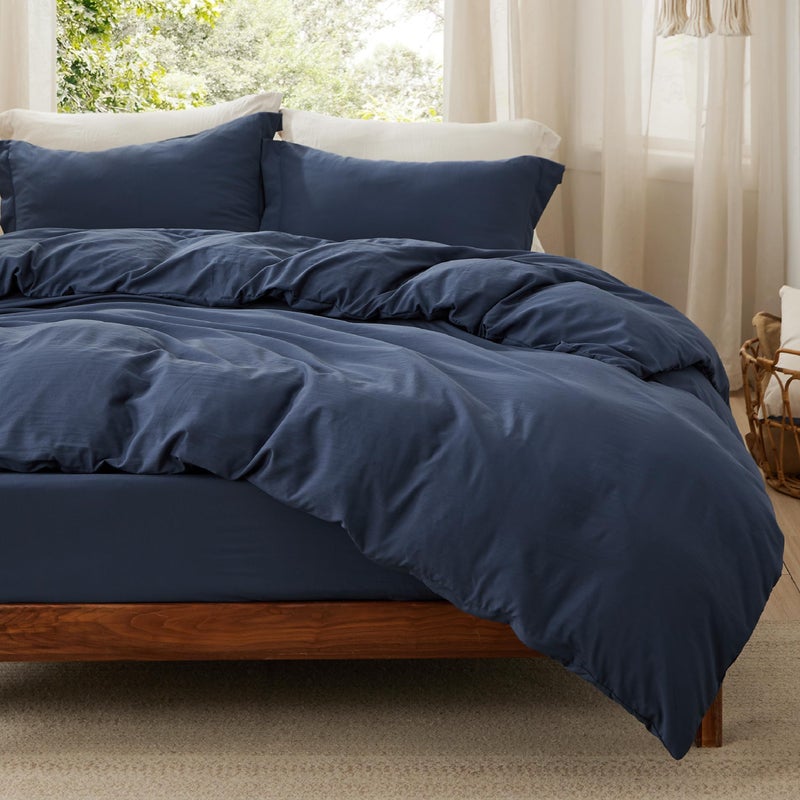 Bedsure Duvet Cover Queen Size with Fitted Sheet 4 Pieces Prewashed CottonLike Extra Soft Bedding Set Includes 1 Duvet Cover 90x90 Inches with Zipper Closure 2 Pillow Shams 1 Fitted Sheet Navy