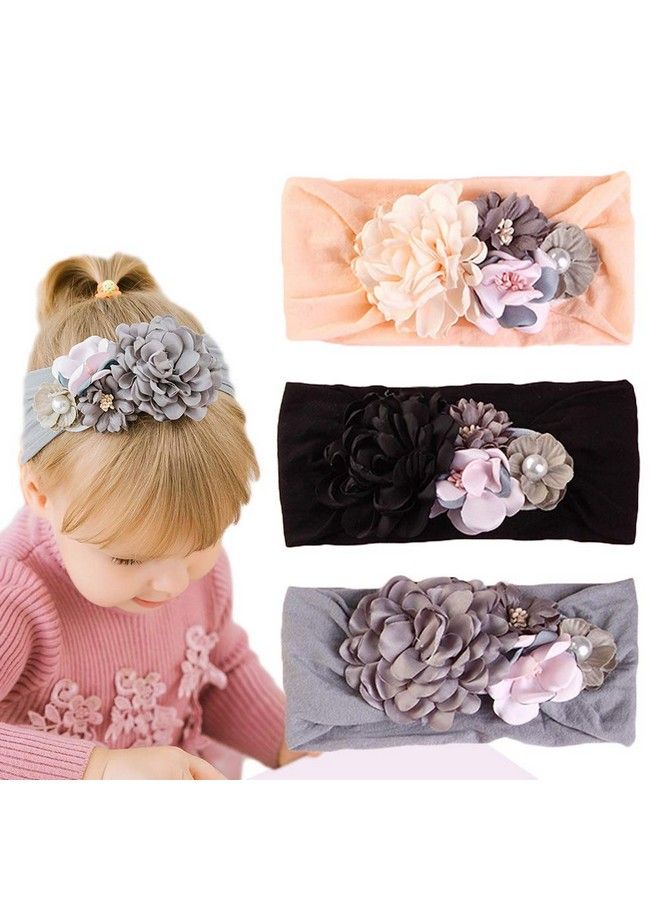 DINPREY Baby Girl Beautiful Headbands With Chiffon Lotus Flower Soft Nylon Headwraphead Wraps For Newborntoddler And Kids (3Pc C Flower Headband)  - Image 1