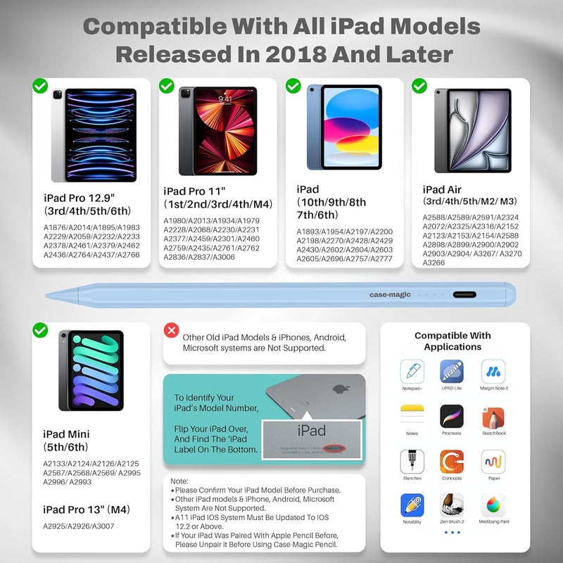 case-magic iPad Pencil Active Stylus Pen with Palm Rejection,Tilt Sensor, High Precision Tip| for iPad 2018-2025 iPad(6/7/8/9/10) Air(3/4/5/M2) Pro 11"(1/2/3/4) Pro 12.9"(3/4/5/6/M4) Mini (6/5)(Blue) - Image 2