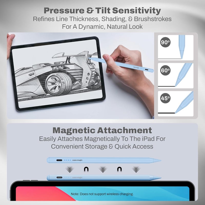 case-magic iPad Pencil Active Stylus Pen with Palm Rejection,Tilt Sensor, High Precision Tip| for iPad 2018-2025 iPad(6/7/8/9/10) Air(3/4/5/M2) Pro 11"(1/2/3/4) Pro 12.9"(3/4/5/6/M4) Mini (6/5)(Blue) - Image 4