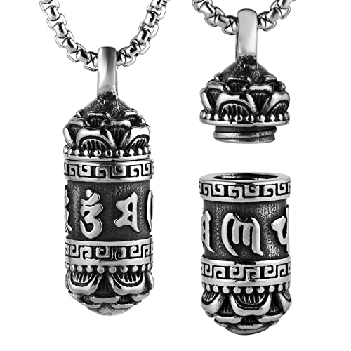 STWTR Tibetan Buddhist Meditation Stainless Steel Pendant Memorial Cremation Ash Pill Container Necklace Men's Ladies Comes with 23.6" Chain - Image 1