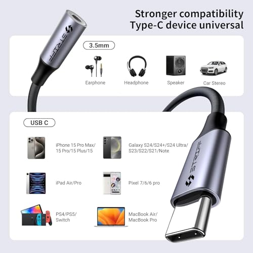 STRIFF Type C to 3.5 mm Audio Jack Connector with DAC Headphone Converter Adapter Compatible with iPhone 15 Pro Max/ 15 Pro/ 15 Plus, Galaxy S23/ S22/ S21/S208, iPad Pro, Pixel 8 & Other Type C Phones - Image 2