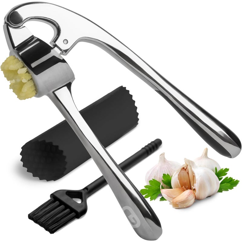 Global Digitronix Garlic Press Crusher & Mincer â€“ Easy Squeeze Ergonomic Handle, Heavy Duty Zinc Alloy, Dishwasher Safe, Includes Peeler & Cleaning Brush â€“ Garlic Ginger Crusher Tool (Imperial Silver) - Image 1