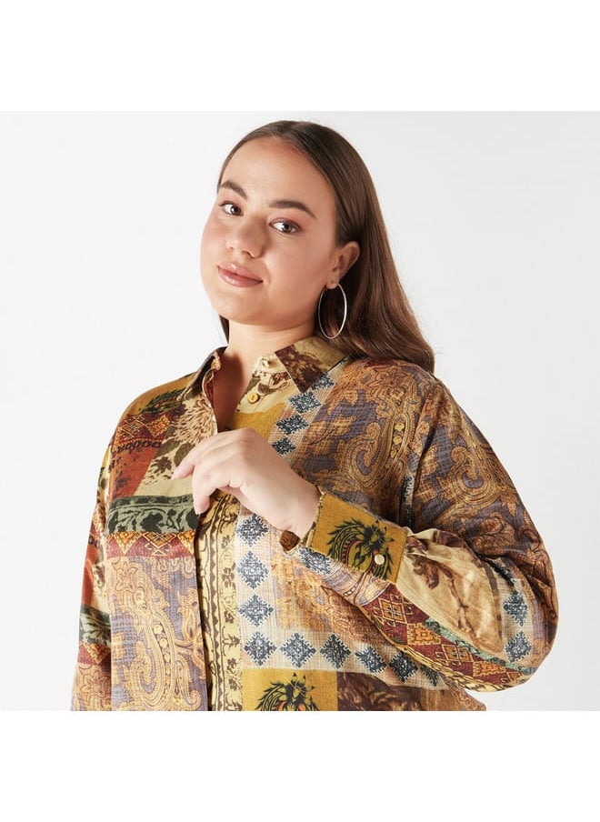 Ulla Popken Plus Size Ulla Popken Printed Shirt with Collar and Long Sleeves  - Image 4