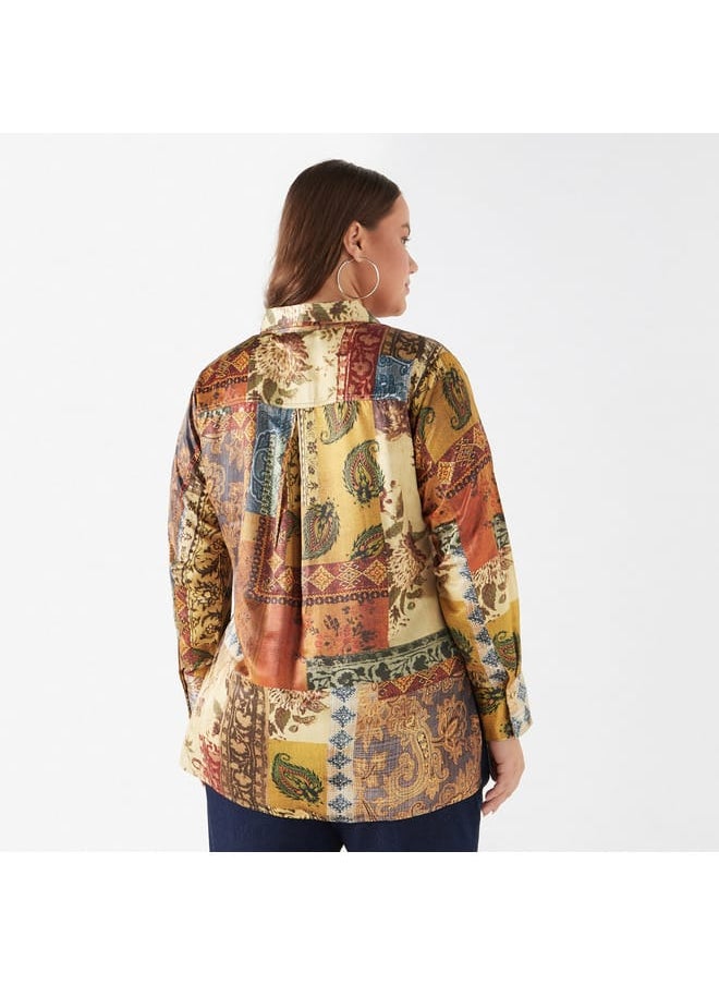 Ulla Popken Plus Size Ulla Popken Printed Shirt with Collar and Long Sleeves  - Image 3