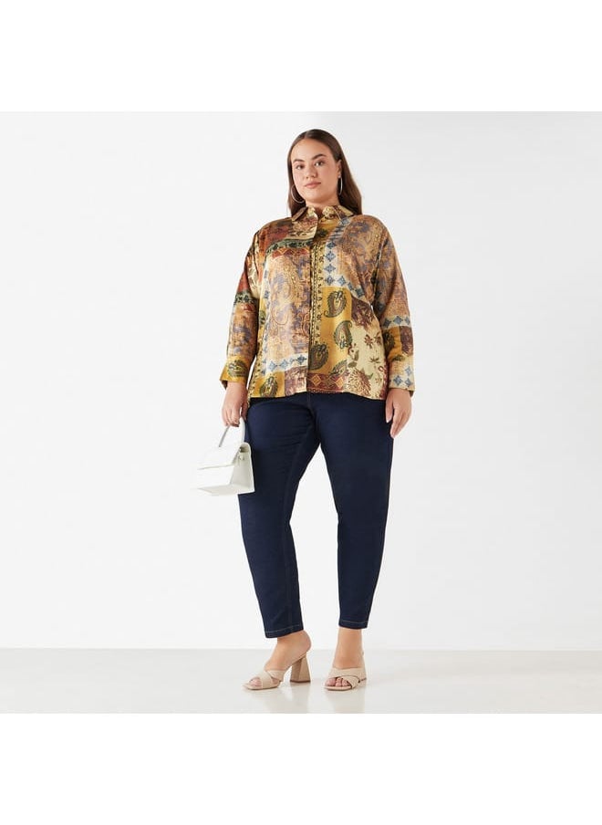Ulla Popken Plus Size Ulla Popken Printed Shirt with Collar and Long Sleeves  - Image 2