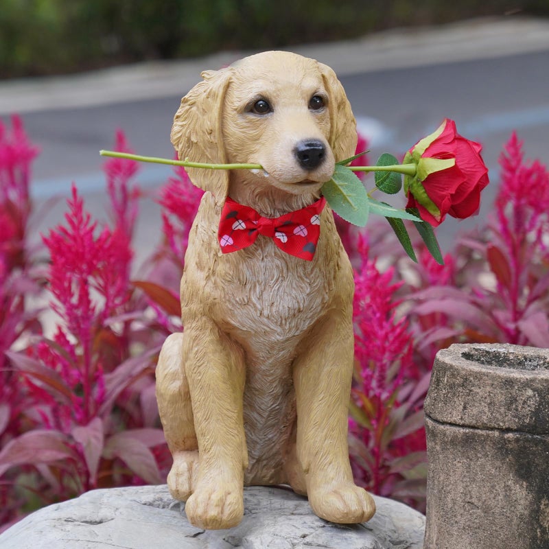 Cynkeyee Dog Valentine Day Decorations Outside - Puppy Rose Statues for Garden Decor, Valentine's Day Gifts Garden Statues for Outdoor Patio Balcony Yard, Unique Golden Retriever Gifts for Women 11x5.5x13IN - Image 2
