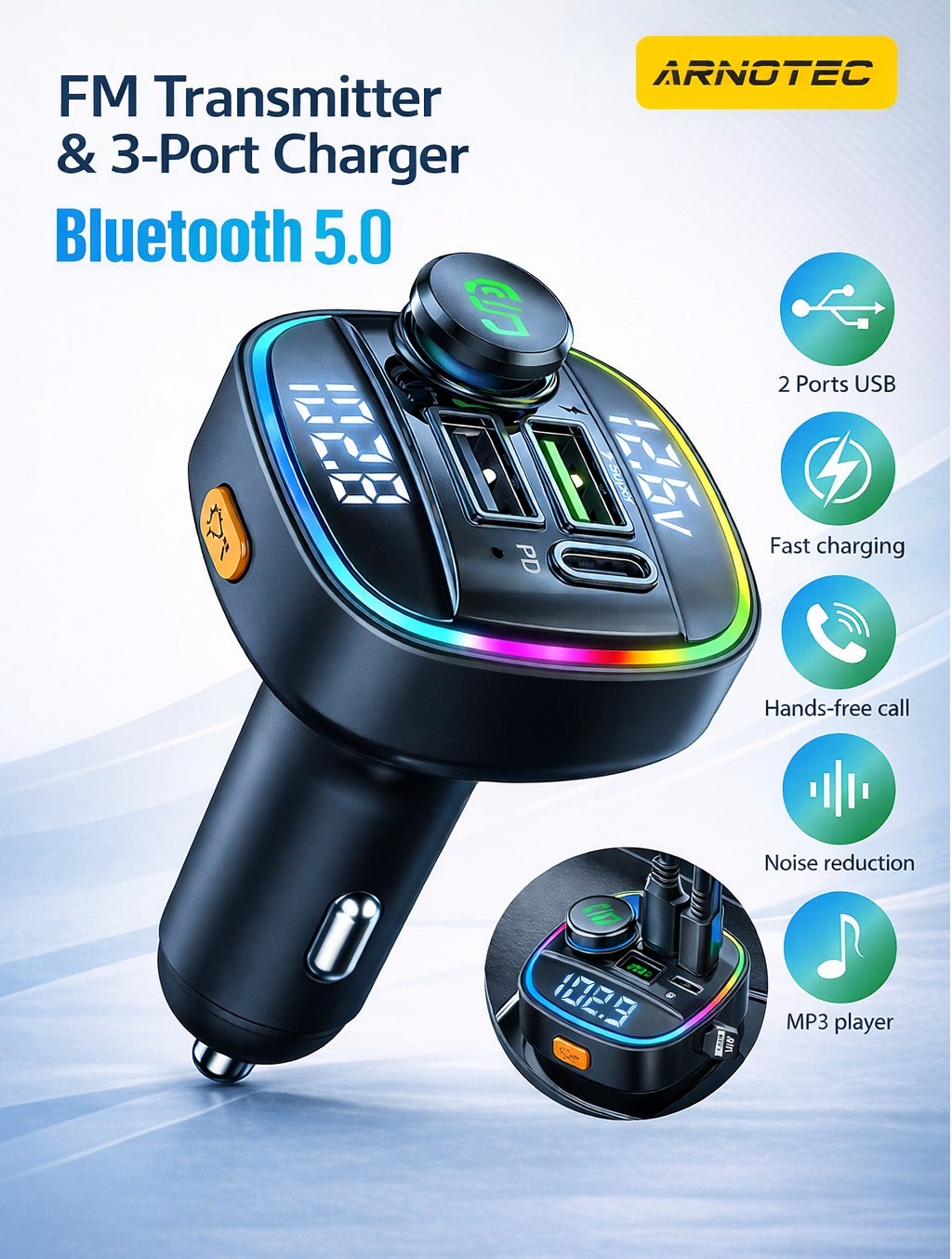 Car Bluetooth FM Transmitter Charger with Dual Voltage Display, PD Fast Charging 5A, 3-Port USB Car MP3 Player, Bluetooth 5.0, Hands-Free Call, LED Ambient Light