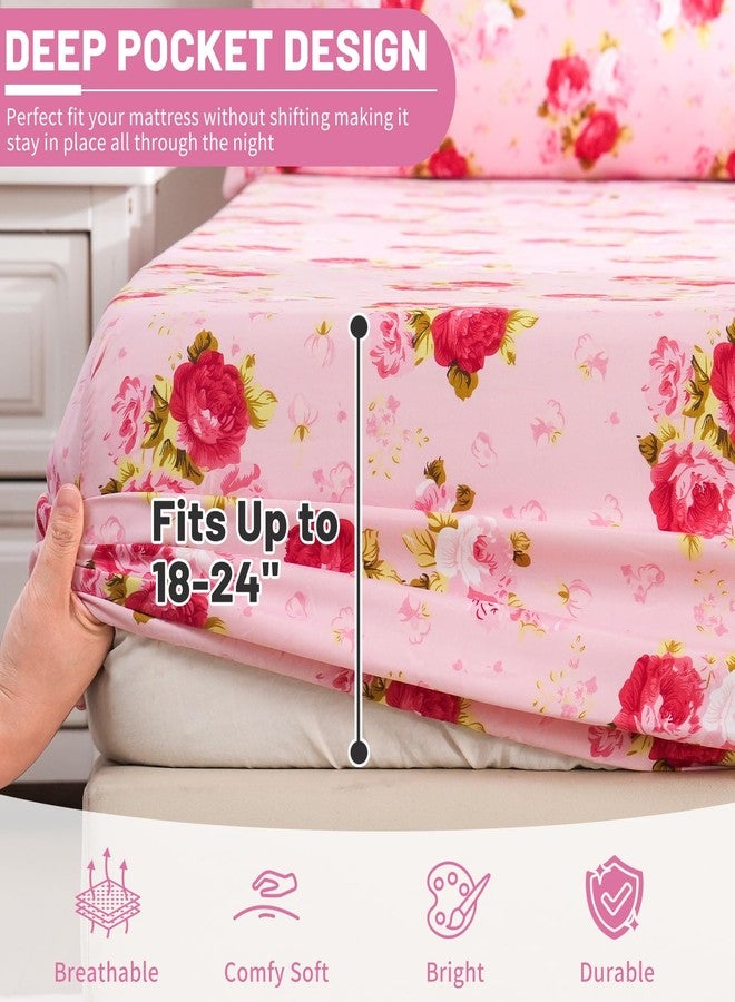 طقم ملاءات سرير Bedlifes بحجم كوين بجيب عميق إضافي - يناسب المراتب حتى سمك 18-24 بوصة، طقم من 4 قطع من الألياف الدقيقة بعدد خيوط 1800، ناعم، أملس، يسمح بمرور الهواء، مزين بنقشة زهور وردية ووردة حمراء - Image 2