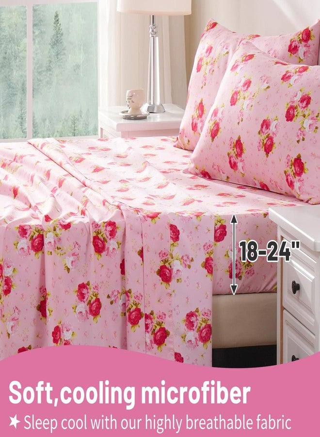 طقم ملاءات سرير Bedlifes بحجم كوين بجيب عميق إضافي - يناسب المراتب حتى سمك 18-24 بوصة، طقم من 4 قطع من الألياف الدقيقة بعدد خيوط 1800، ناعم، أملس، يسمح بمرور الهواء، مزين بنقشة زهور وردية ووردة حمراء - Image 3