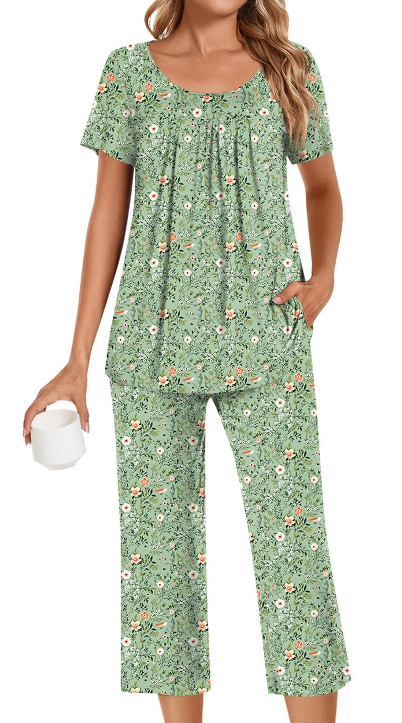 POPYOUNG Womens Pajama Sets Summer Ladies Pjs 2 Piece Loungewear Capri with Pockets Sleepwear XL, Green Floral/Mix - Image 1