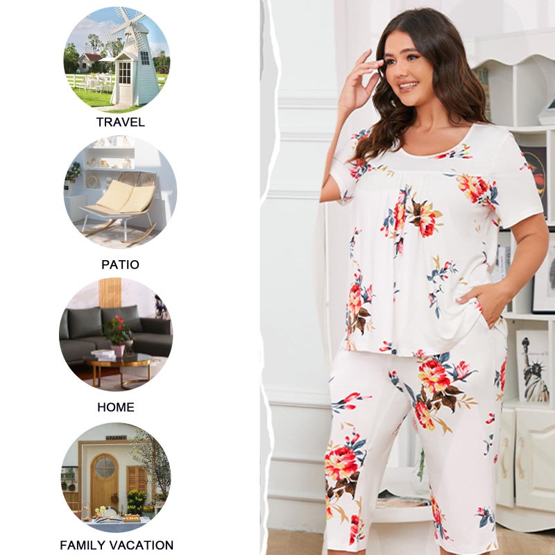 POPYOUNG Womens Pajama Sets Summer Ladies Pjs 2 Piece Loungewear Capri with Pockets Sleepwear XL, Green Floral/Mix - Image 5