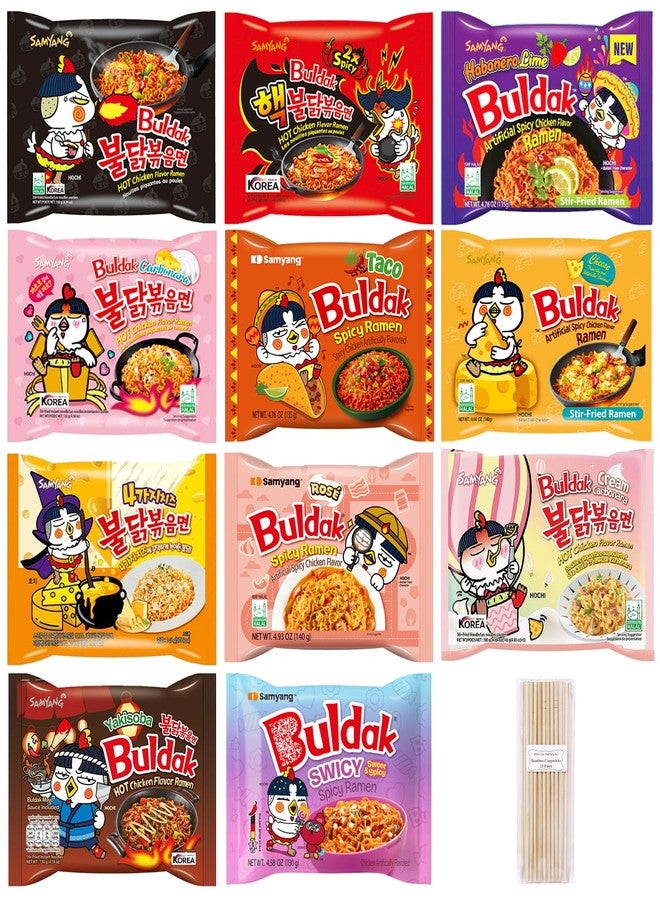 Pinstar Premium Samyang Spicy en Ramen 11 Flavor Variety Pack - FREE Chopsticks - Korean Buldak Ramen Noodles (11 Pack) - Image 1