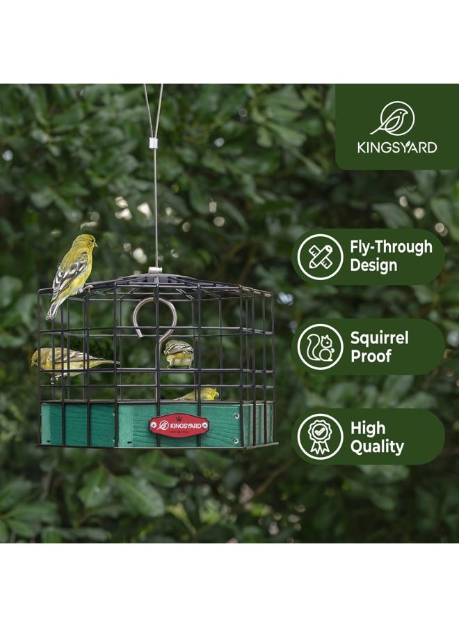 Kingsyard Squirrel-Proof Bird Feeder for Outdoor Hanging - Rugged Recycled Plastic Feeding Station with Metal Mesh Tray and Grackle-Proof Cage, Green - Image 2