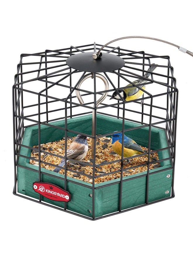 Kingsyard Squirrel-Proof Bird Feeder for Outdoor Hanging - Rugged Recycled Plastic Feeding Station with Metal Mesh Tray and Grackle-Proof Cage, Green - Image 1