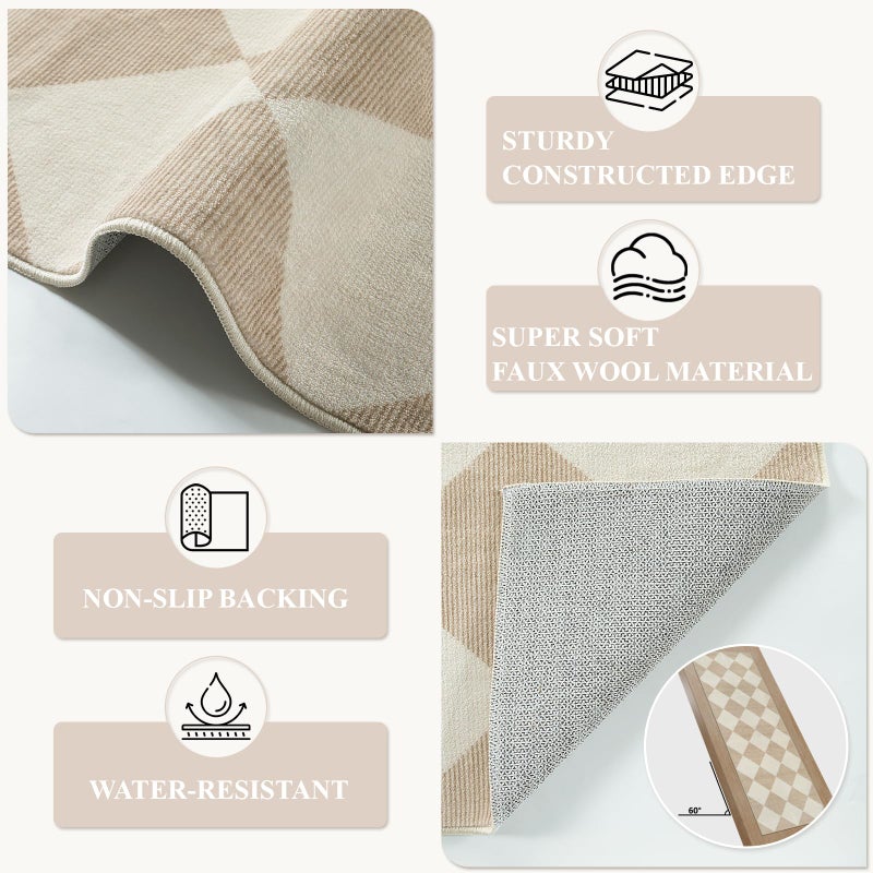 Beeiva Checkered Print Washable Runners for Hallways 2x4, Ultra Thin Beige Small Rugs for Entryway Low Pile Non Slip Bathroom Rug, Modern Geometric Decor Neutral Throw Rug for Kitchen Laundry Bedroom - Image 4