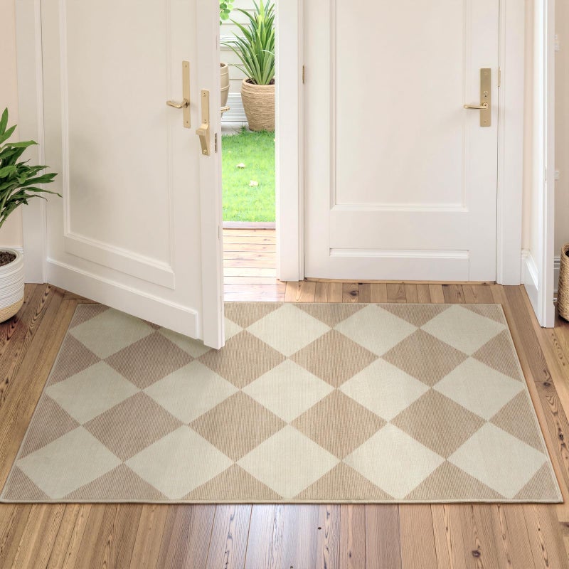Beeiva Checkered Print Washable Runners for Hallways 2x4, Ultra Thin Beige Small Rugs for Entryway Low Pile Non Slip Bathroom Rug, Modern Geometric Decor Neutral Throw Rug for Kitchen Laundry Bedroom - Image 2