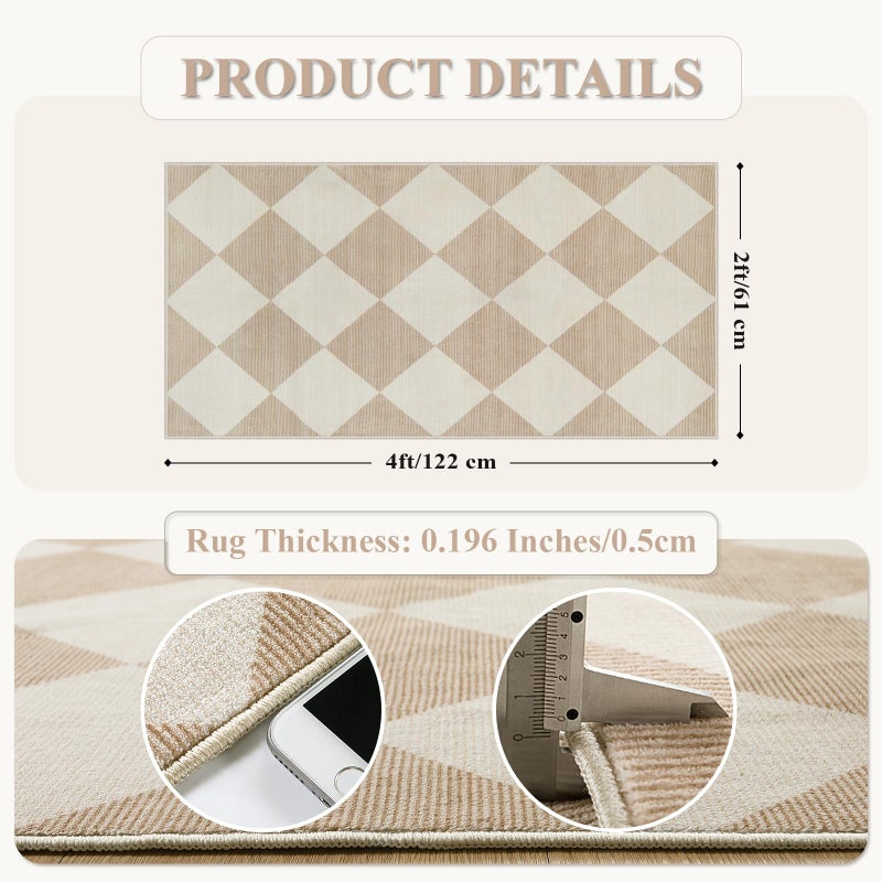 Beeiva Checkered Print Washable Runners for Hallways 2x4, Ultra Thin Beige Small Rugs for Entryway Low Pile Non Slip Bathroom Rug, Modern Geometric Decor Neutral Throw Rug for Kitchen Laundry Bedroom - Image 5