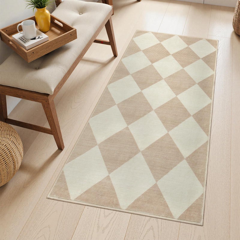 Beeiva Checkered Print Washable Runners for Hallways 2x4, Ultra Thin Beige Small Rugs for Entryway Low Pile Non Slip Bathroom Rug, Modern Geometric Decor Neutral Throw Rug for Kitchen Laundry Bedroom - Image 1