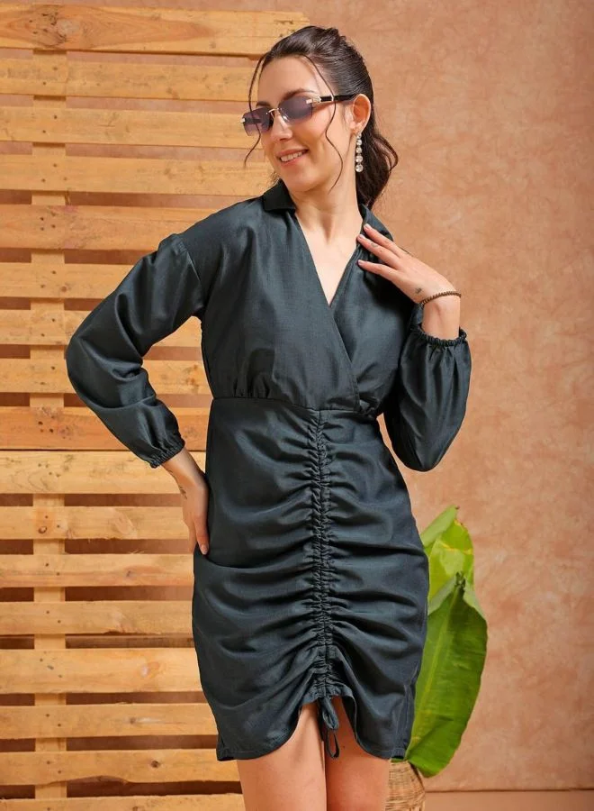 مرفوعة Women Regular Fit Solid Shirt Collar Long Sleeve Ruched Dress