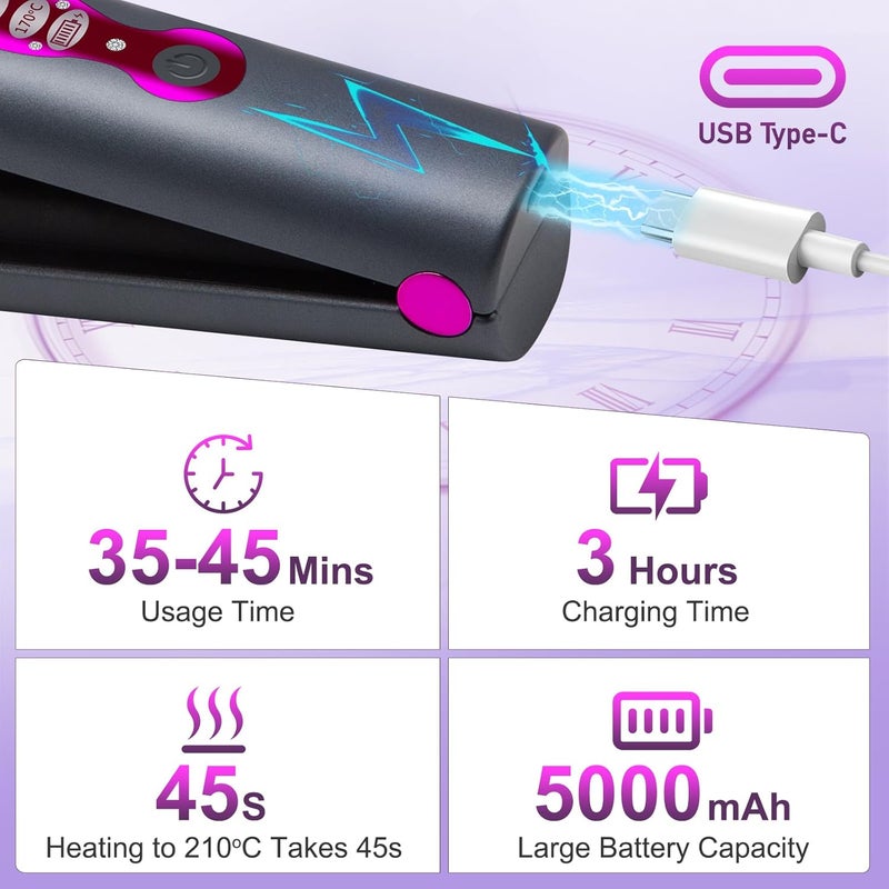 7JI 2 in 1 Cordless Hair Straightener Curler,Mini Portable Travel Wireless Straightener,Fast Heating, Anti-Scald 3-Level Straightener,Straight Hair and Curly Hair, Type-C Rechargeable (Grey) - Image 5
