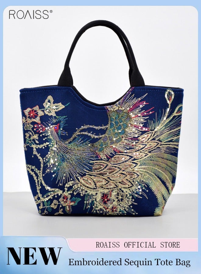 roaiss Women's Shoulder Bag, Fashion Embroidered Sequined Tote Bag, Large Capacity Canvas Travel Shoulder Bag, Zippered Multi-Pocket Handbag - Image 1
