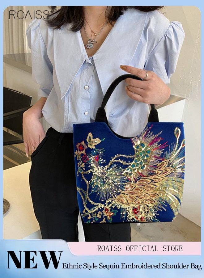 roaiss Women's Shoulder Bag, Fashion Embroidered Sequined Tote Bag, Large Capacity Canvas Travel Shoulder Bag, Zippered Multi-Pocket Handbag - Image 2