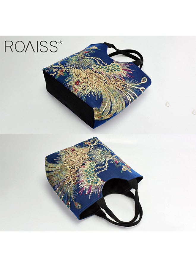 roaiss Women's Shoulder Bag, Fashion Embroidered Sequined Tote Bag, Large Capacity Canvas Travel Shoulder Bag, Zippered Multi-Pocket Handbag - Image 5