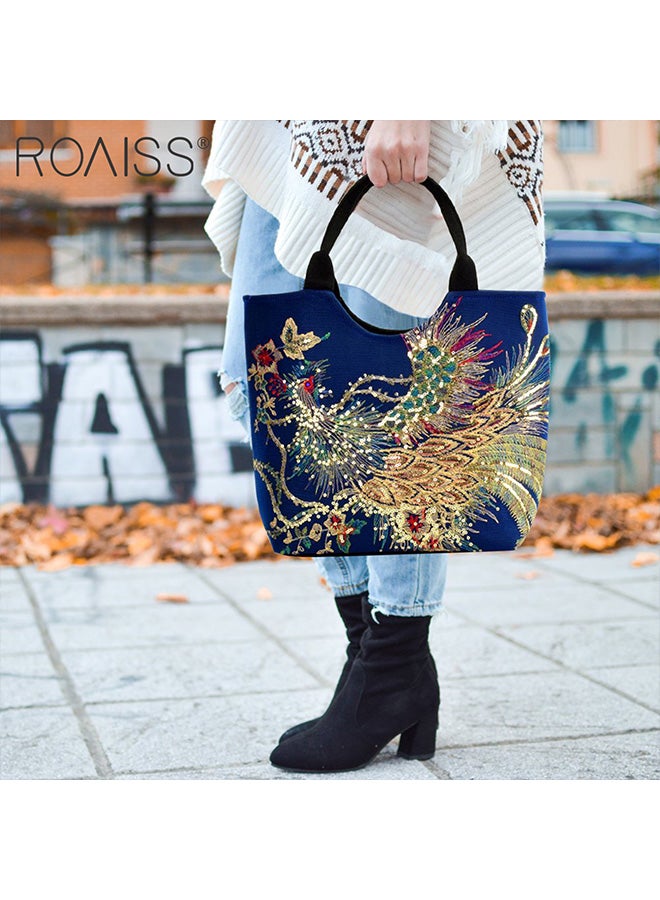 roaiss Women's Shoulder Bag, Fashion Embroidered Sequined Tote Bag, Large Capacity Canvas Travel Shoulder Bag, Zippered Multi-Pocket Handbag - Image 3