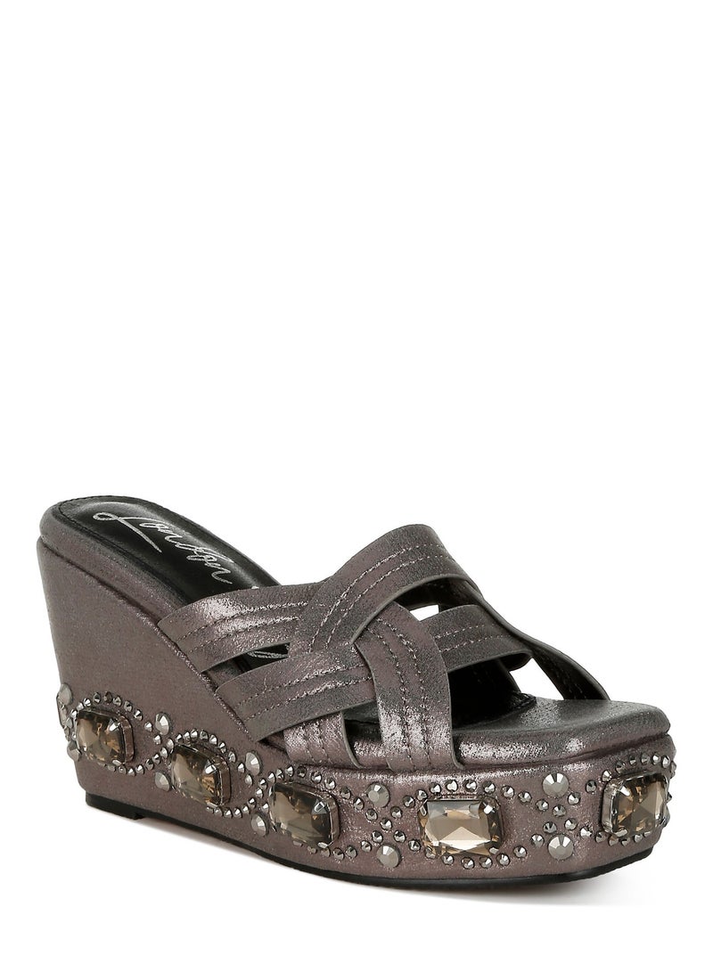 London Rag Chunky Diamante & Rhinestone Cut-Out Sandals in Pewter - Image 3