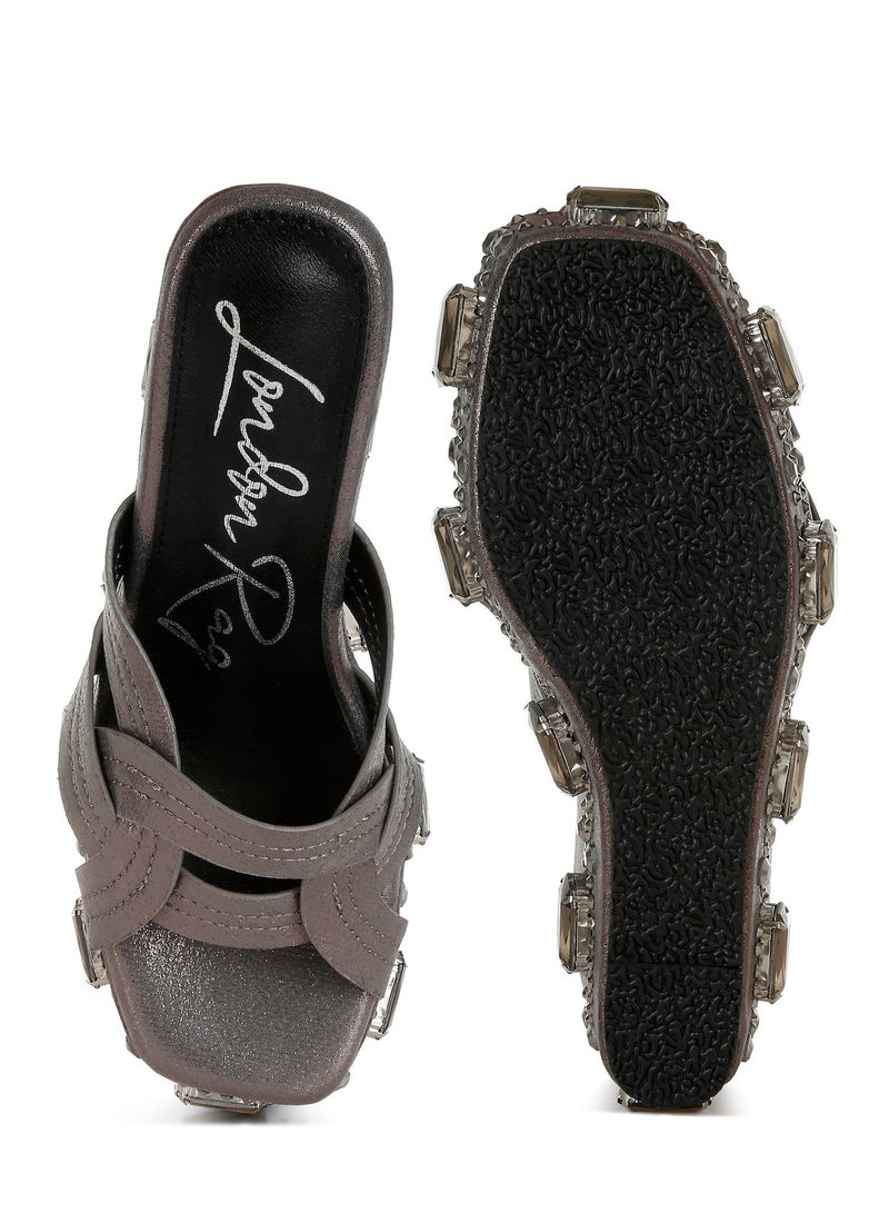 London Rag Chunky Diamante & Rhinestone Cut-Out Sandals in Pewter - Image 5