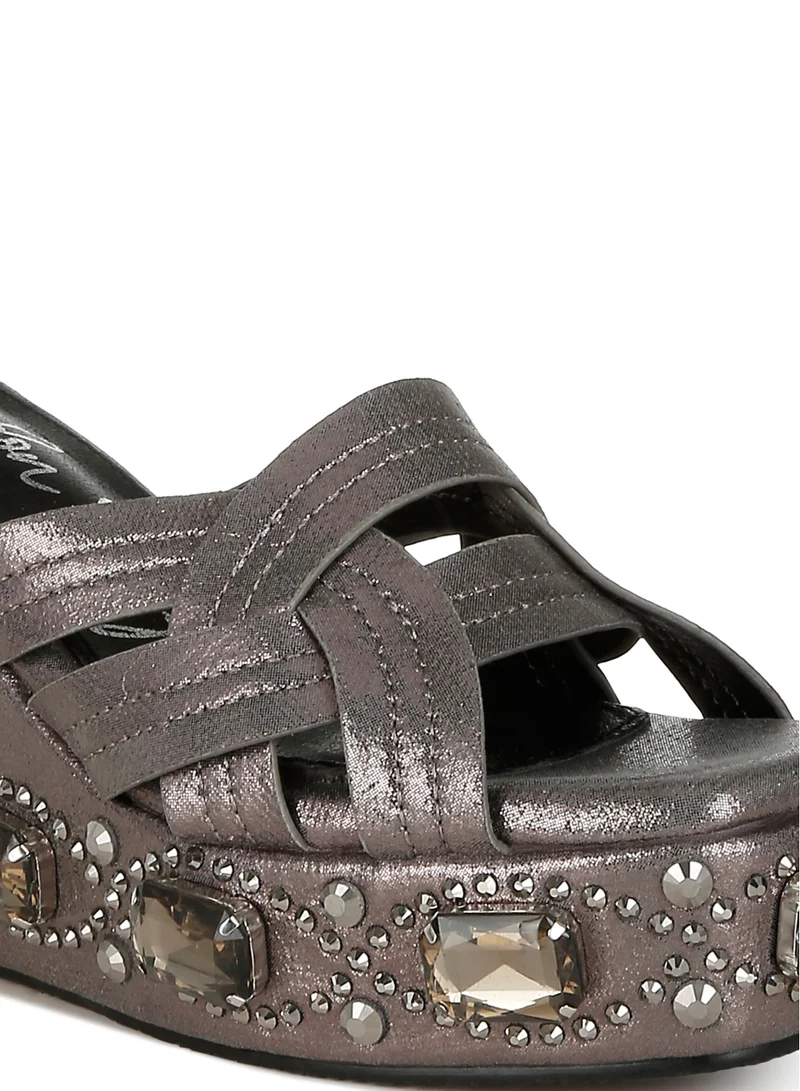London Rag Chunky Diamante & Rhinestone Cut-Out Sandals in Pewter