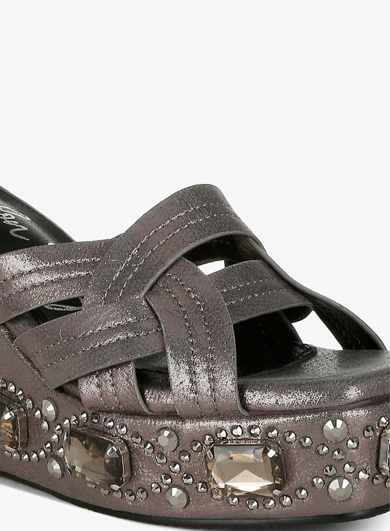 London Rag Chunky Diamante & Rhinestone Cut-Out Sandals in Pewter - Image 5