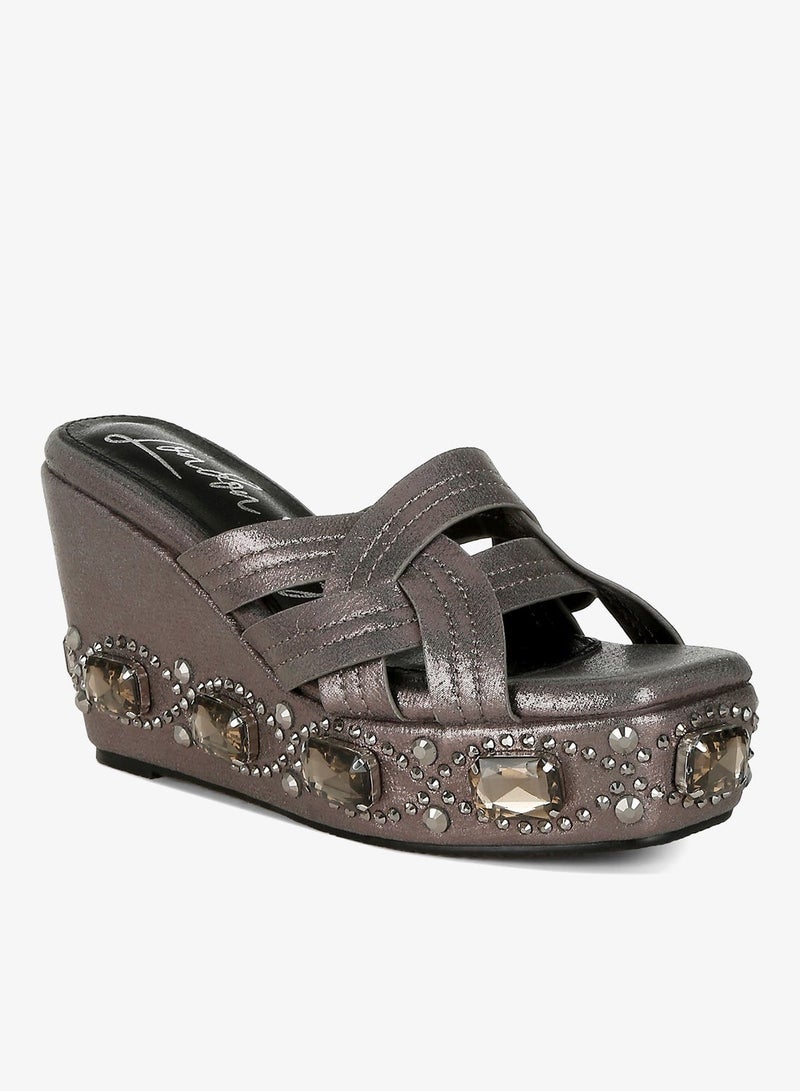 London Rag Chunky Diamante & Rhinestone Cut-Out Sandals in Pewter - Image 2