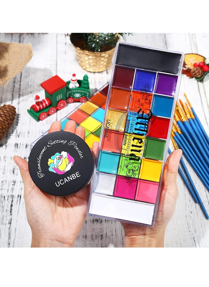 Ucanbe - UCANBE Athena Face Body Paint Oil Palette + Translucent Setting Powder + 10PCS Brushes Set, Professional Non Toxic Face Painting Pallet Kit for Halloween SFX Cosplay Clown Makeup for Women Adults - Image 1