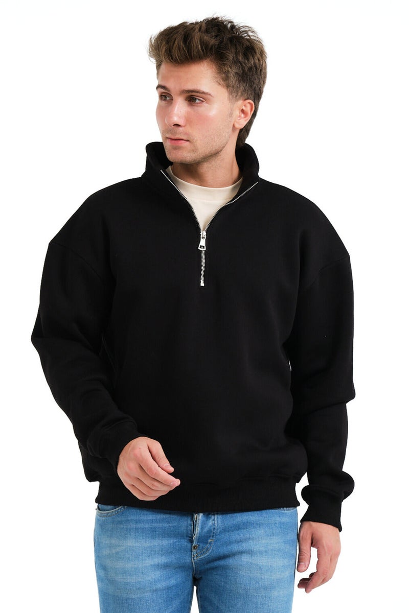 JUSTEVER Regular Fit Stand Collar Half Zippered Raised Black Men's Sweatshirt - Prime - Image 1