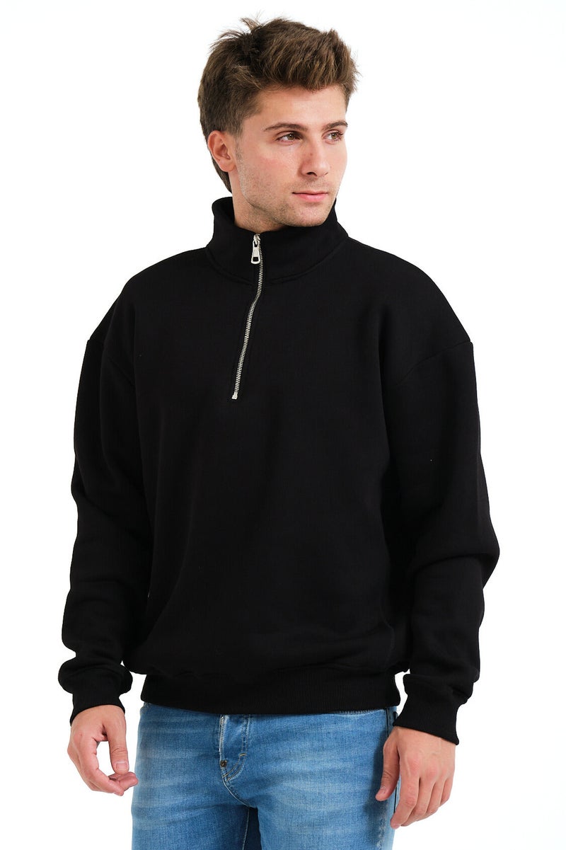 JUSTEVER Regular Fit Stand Collar Half Zippered Raised Black Men's Sweatshirt - Prime - Image 3