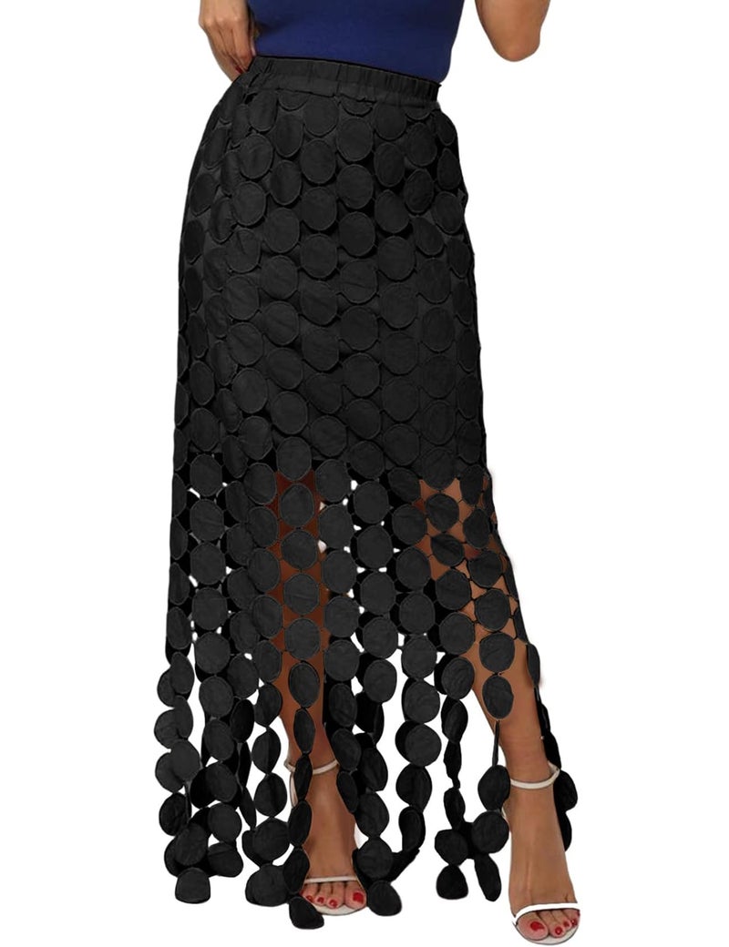 Flygo Womens Maxi Skirt 2025 Summer Boho Hollow Out Fringe Hem High Waisted Lace Long Skirts for Party Wedding Beach(Black-S) - Image 1