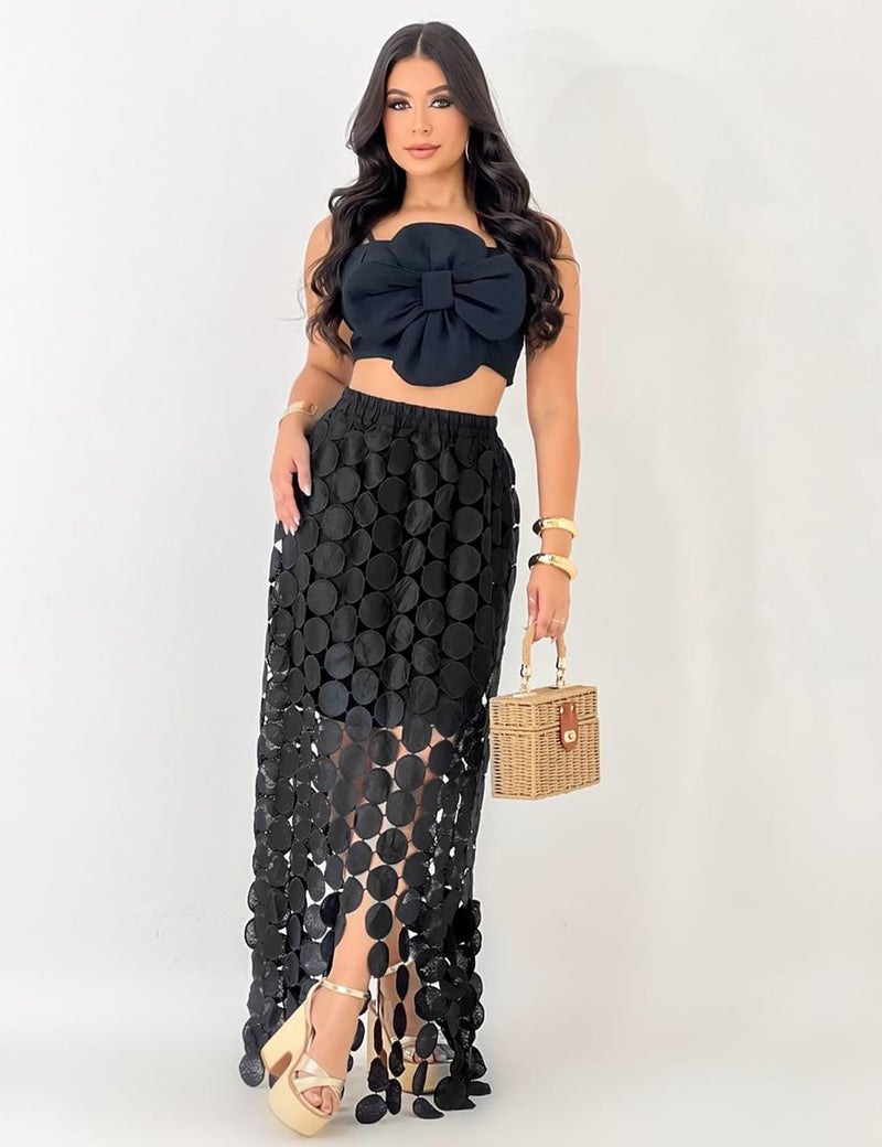 Flygo Womens Maxi Skirt 2025 Summer Boho Hollow Out Fringe Hem High Waisted Lace Long Skirts for Party Wedding Beach(Black-S) - Image 2