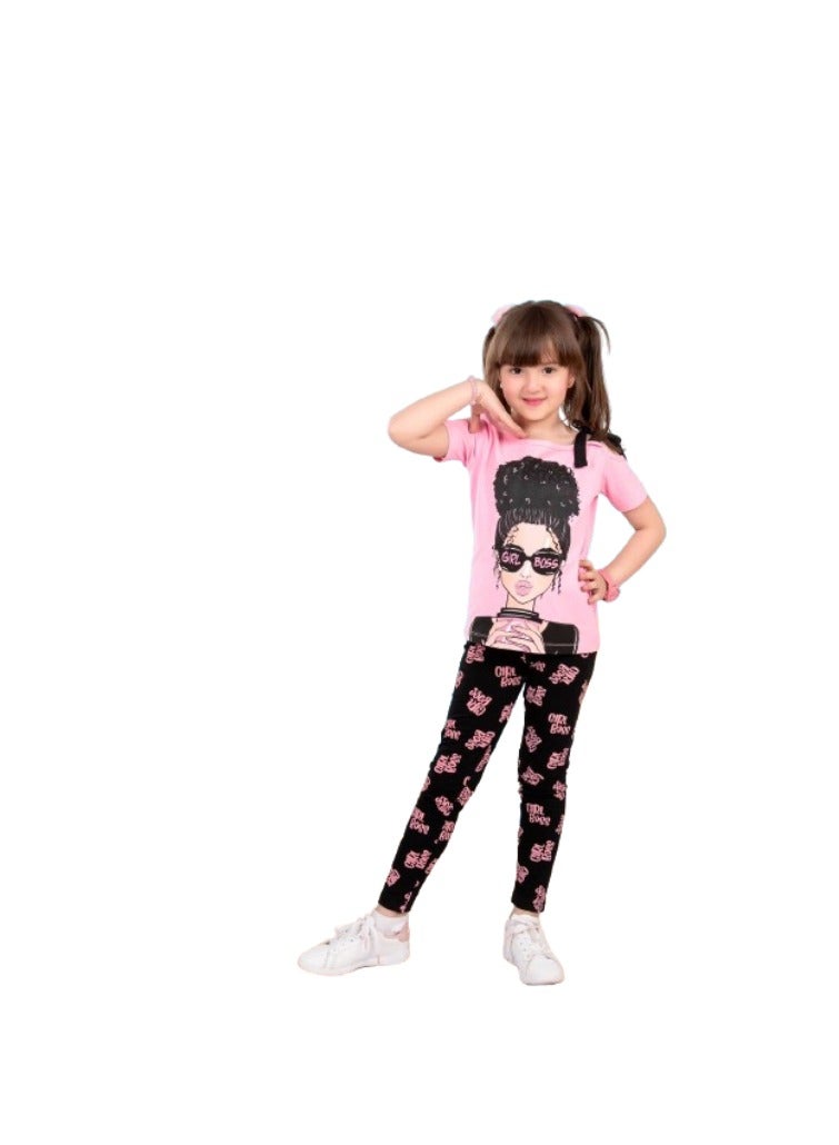 Girls' set: a pink T-shirt with a drawing on it and black pants in pink  - Image 2