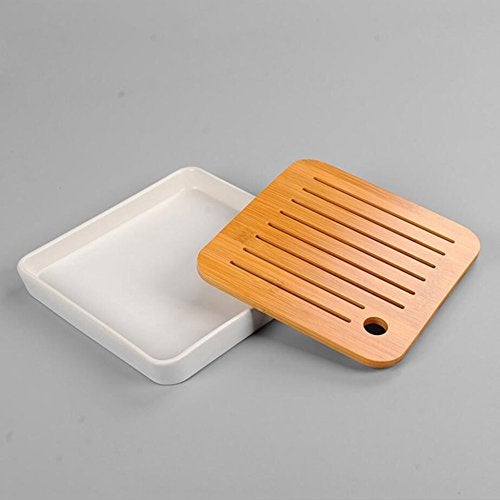 Hoobar Bamboo Kung Fu Tea Tray Table Serving Tray Chinese Style Water Storage (White) - Image 3