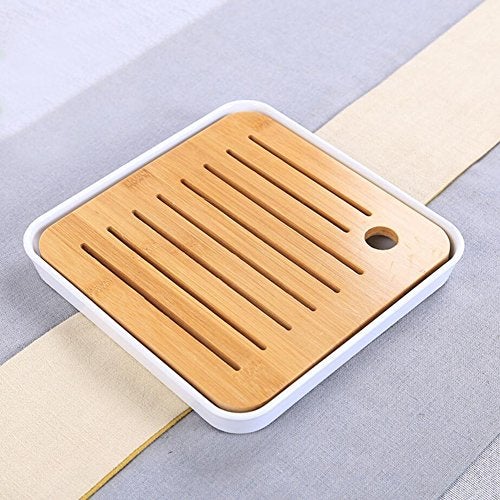 Hoobar Bamboo Kung Fu Tea Tray Table Serving Tray Chinese Style Water Storage (White) - Image 2