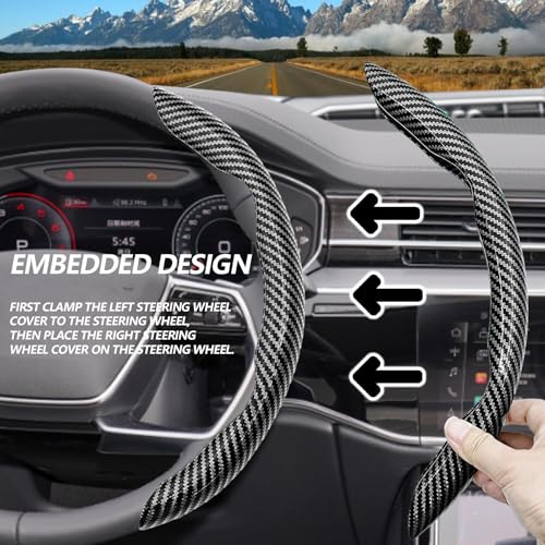 Lunwag 2pcs Universal Fit Carbon Fiber Steering Wheel Cover, Anti-Skid Steering Wheel Cover/Segmented Steering Wheel Protector/Car Interior Accessories (Bright Black) - Image 5