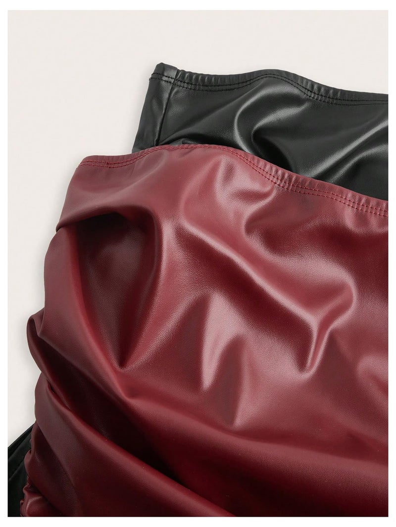 SHENHE Women's 2pcs/Set PU Leather Beveled Hem Top Ruched Strapless Fitted Bandeau Y2K Tops Multicolor Medium - Image 5