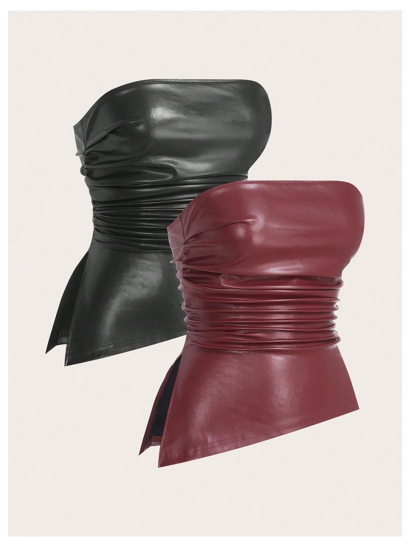 SHENHE Women's 2pcs/Set PU Leather Beveled Hem Top Ruched Strapless Fitted Bandeau Y2K Tops Multicolor Medium - Image 4