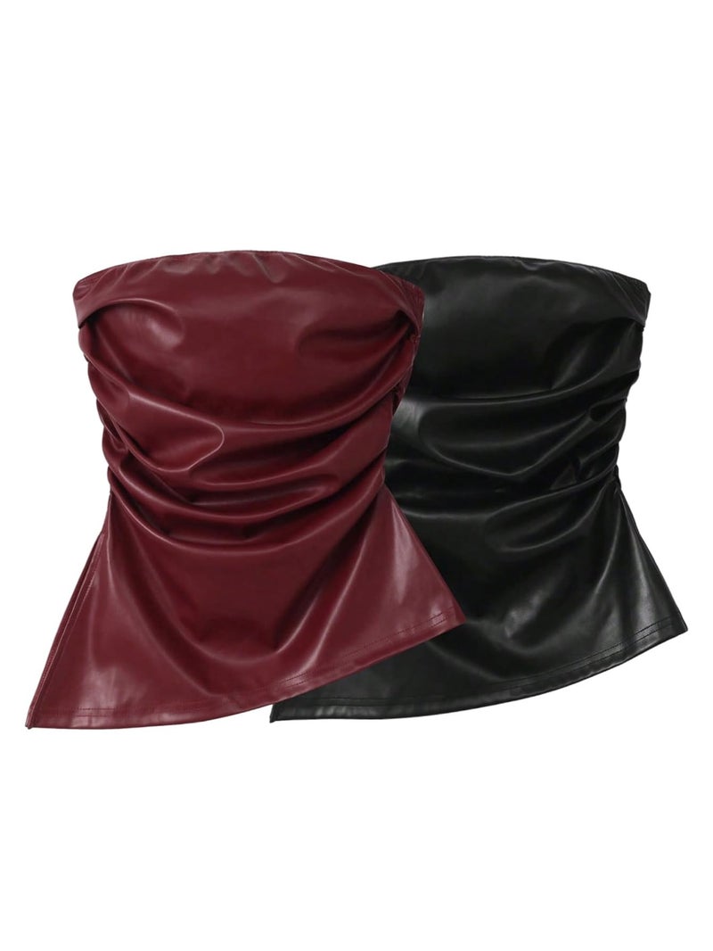 SHENHE Women's 2pcs/Set PU Leather Beveled Hem Top Ruched Strapless Fitted Bandeau Y2K Tops Multicolor Medium - Image 1