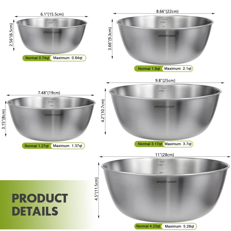 Greentainer 5-Piece Stainless Steel Mixing Bowls Set for Kitchen, Nesting Bowls for Mixing, Baking, Prepping, Cooking and Serving Food, Metal Mixing Bowls Dishwasher Safe - Image 2