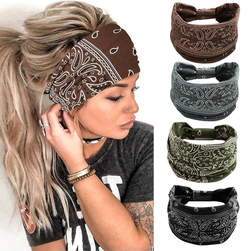 Huachi 4 Packs Thick Boho Stylish Floral Turban Wide Headbands for Women  Non Slip Hairbands for Hair Sport Workout Yoga Hair Accessories Pack of 4