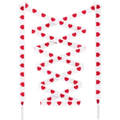 DANHUA Colored Flat Shoe laces: 2 Pair White Red Heart Printed Shoelaces for Sneakers boot 47 inch - Image 1