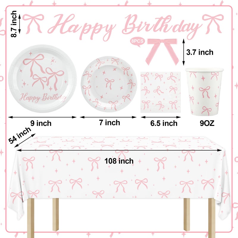 Maniaacer Pink Bow Birthday Party Supplies Pink Bow Tableware Set Coquette Birthday Decor Includes Paper Plates Napkins Cups Tablecloth Banner for Bachelorette Bridal Coquette Party Supplies, Serve 25 - Image 2